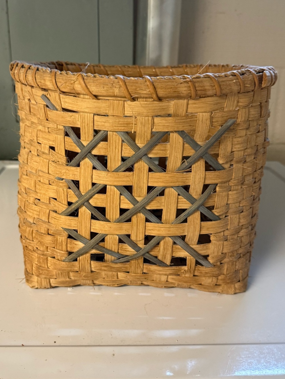 Hand Crafted Natural Woven Basket with Blue Weave Accent Country Rustic
